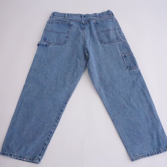 Vintage Rustler Carpenter Dungaree Mid-wash Wide-leg Blue Denim Jeans 38X30 - Picture 1 of 15